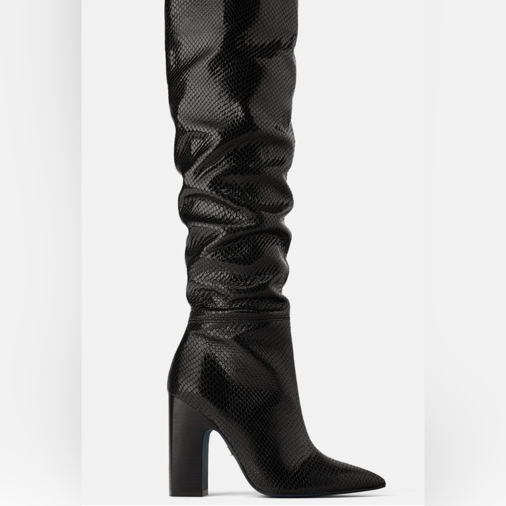 Zara Black Textured Knee-High Block Heel Boots - Picture 16 of 16